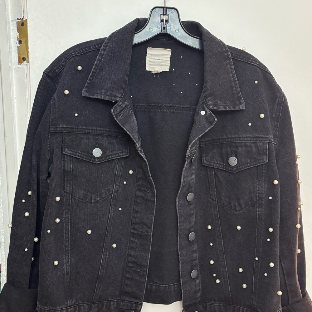 Pearl-Embellished Black Denim Jacket - Women's